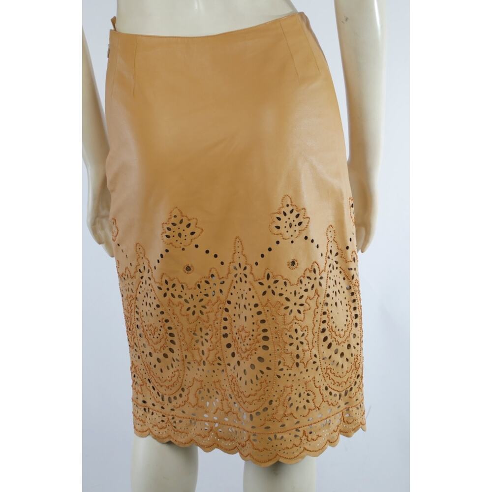 Vintage Oscar de la Renta Tan Leather Laser Cut Eyelet Paisley Pencil Skirt Sz 2 - Picture 7 of 12